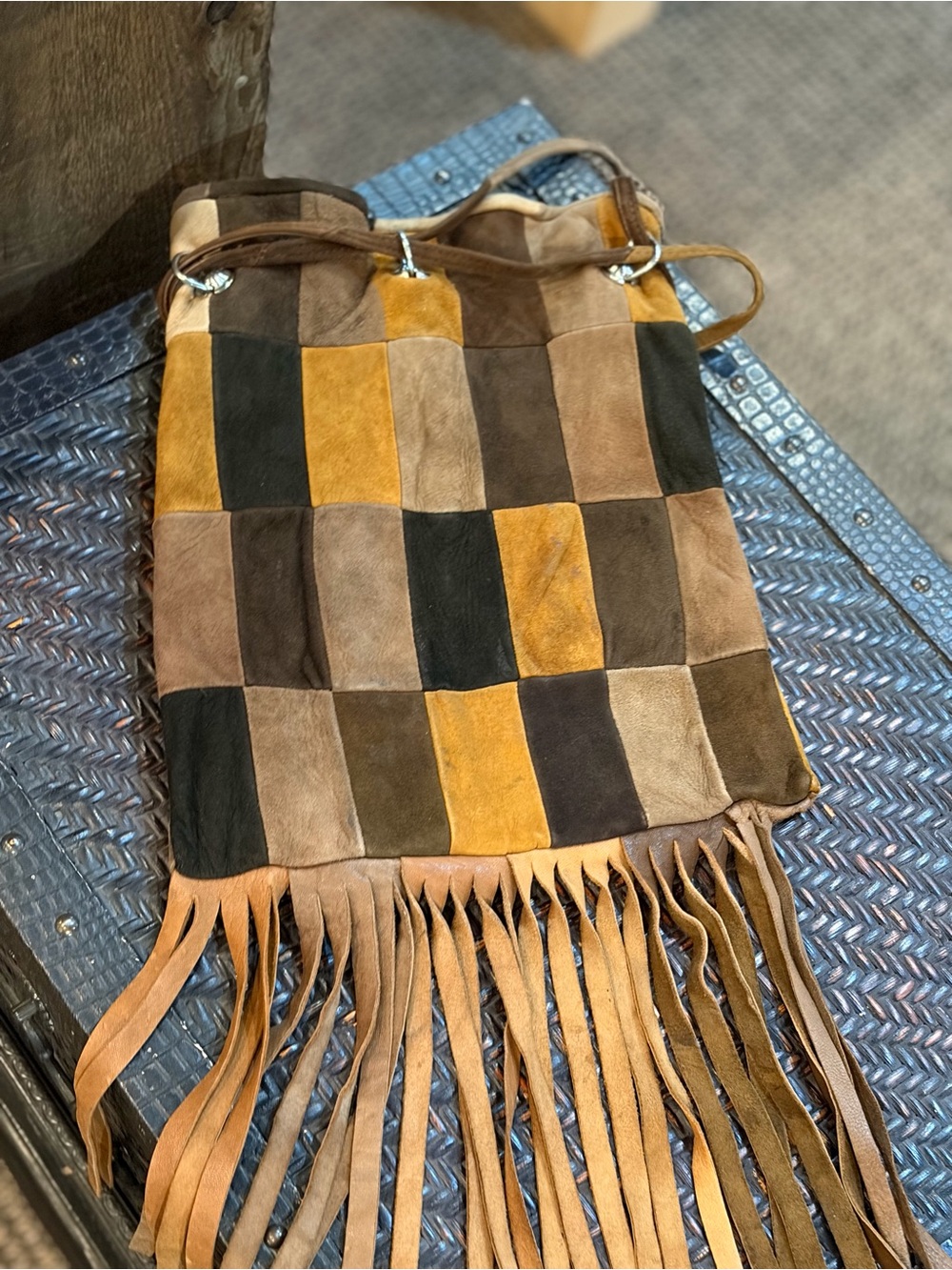 Patchwork Suede Fringe Shoulder Bag in Brown & Mustard